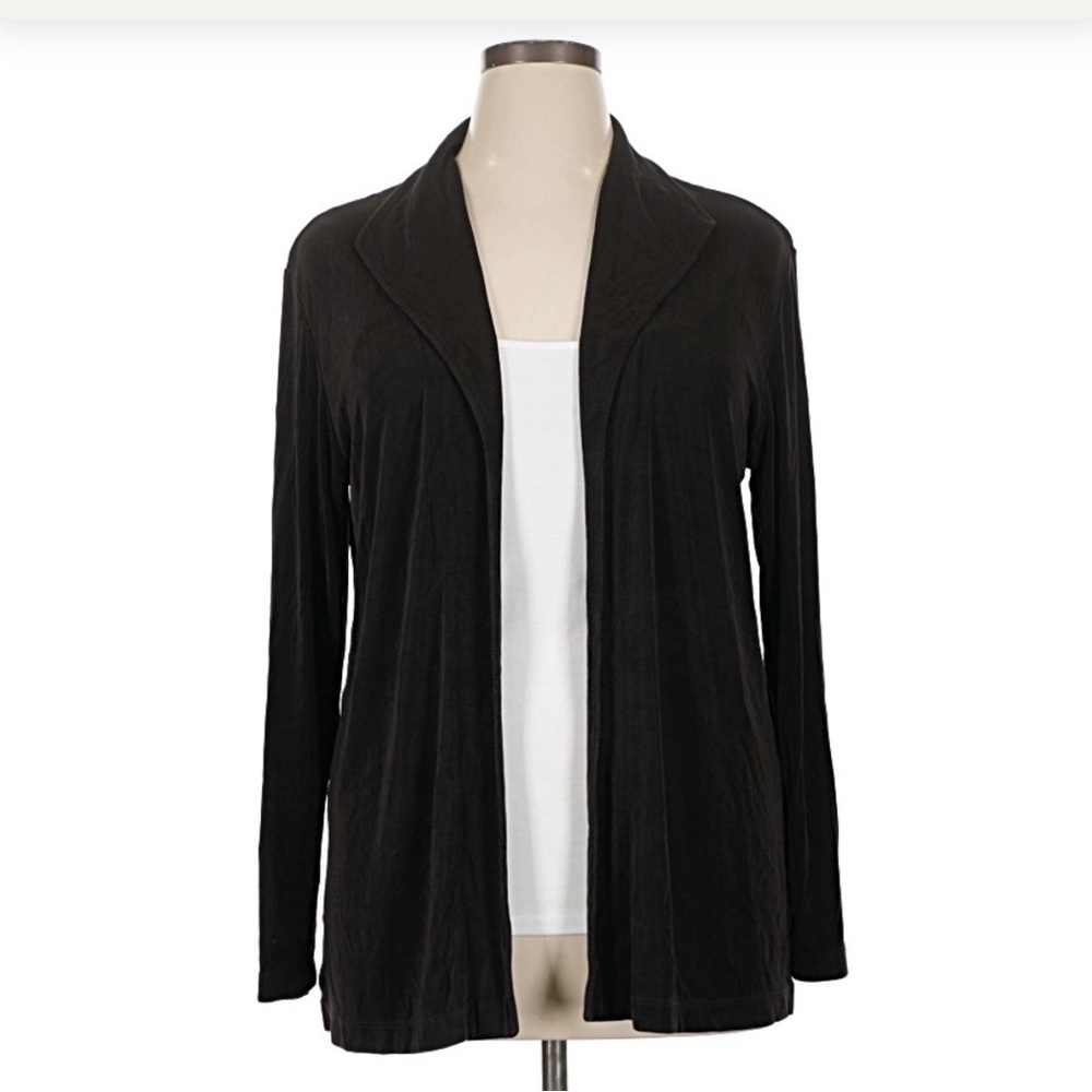 Chico's Top Size 1 Travelers Knit Drape Cardigan Black Open Front Jacket 8-10 US